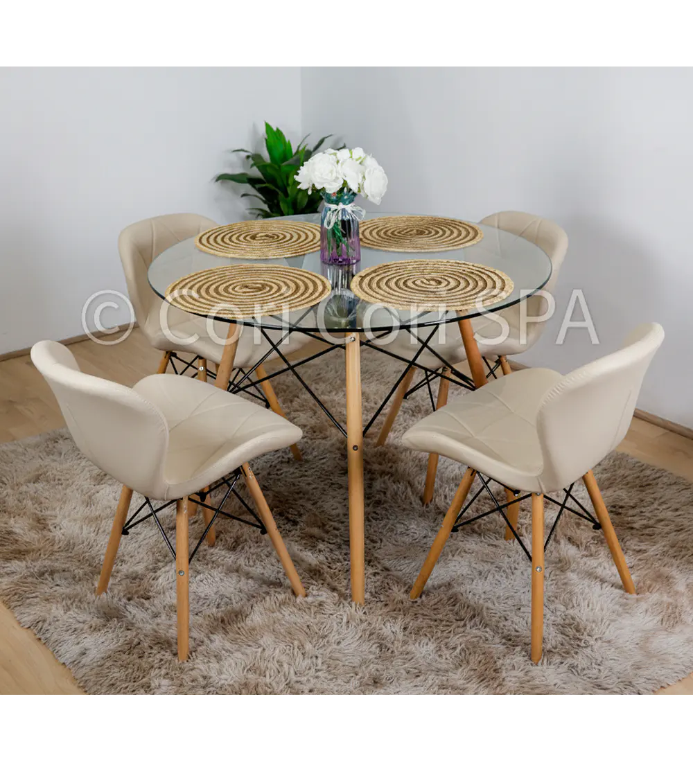Comedor Eames Vidrio 100cms + 4  Sillas Eames Mariposa Ecocuero