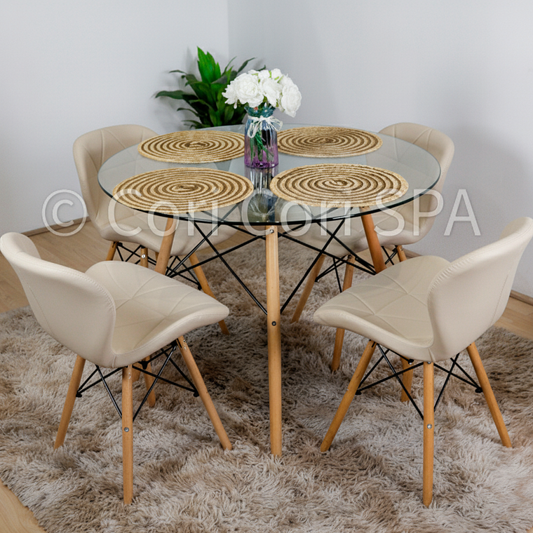 Comedor Eames Vidrio 100cms + 4  Sillas Eames Mariposa Ecocuero 8