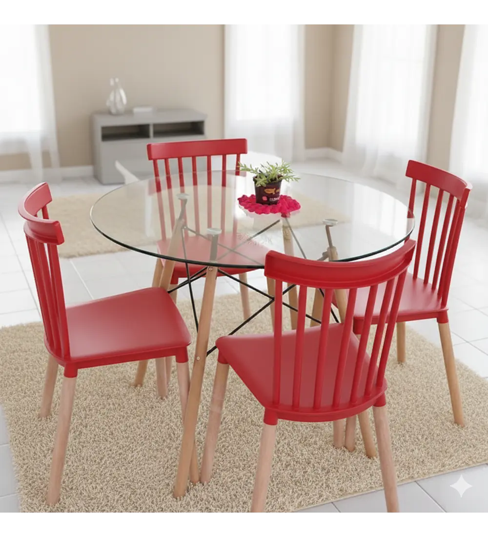 Comedor Mesa Eames 100cms Vidrio + 4 Sillas Windsor 