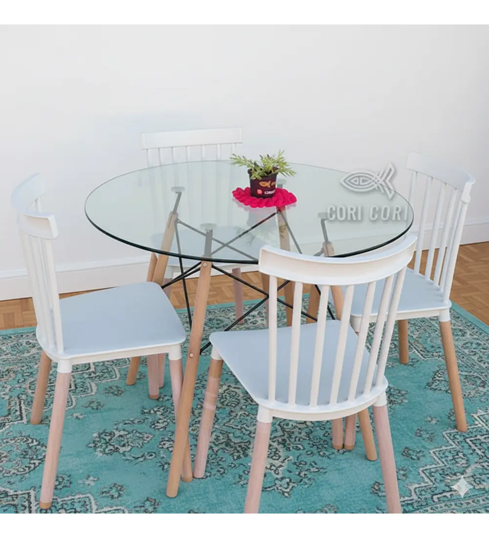 Comedor Mesa Eames 100cms Vidrio + 4 Sillas Windsor 
