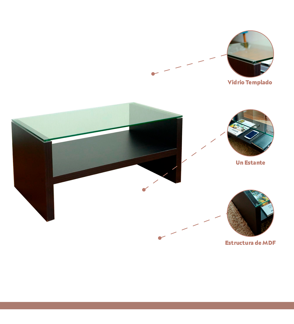 Mesa de Centro Moderna Madera Walnut Wood Vidrio