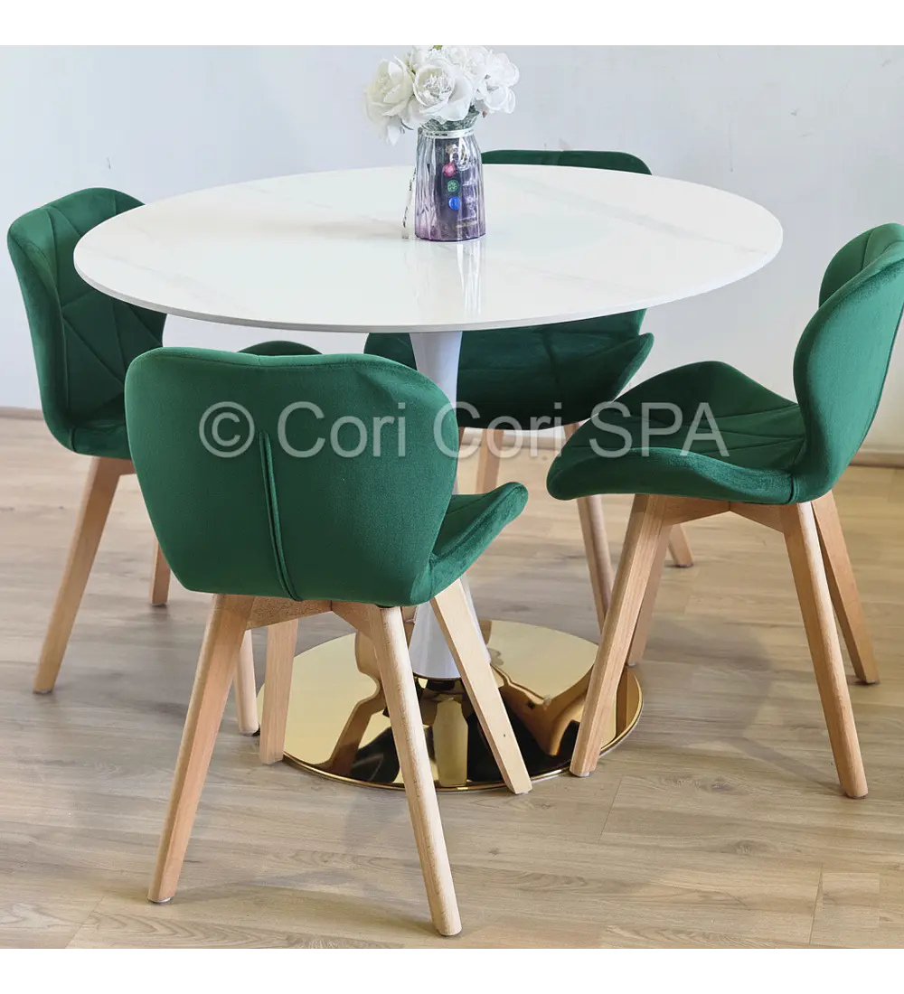 Comedor Tulip Gold Mármol 100cm + 4 Sillas Mariposa Velvet
