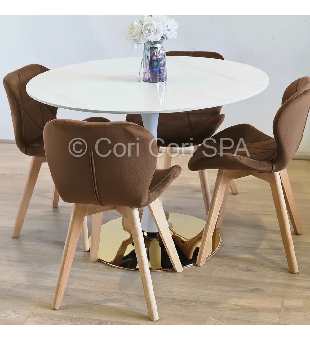 Comedor Tulip Gold Mármol 100cm + 4 Sillas Mariposa Velvet