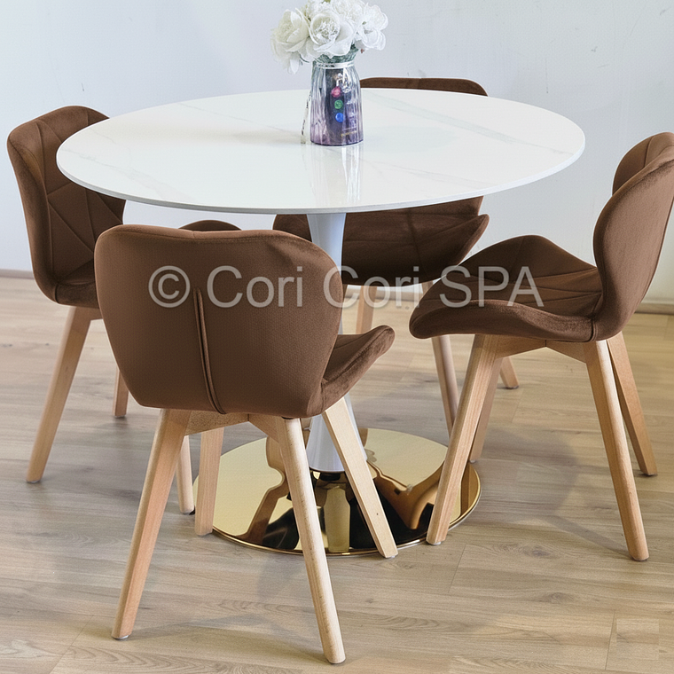 Comedor Tulip Gold Mármol 100cm + 4 Sillas Mariposa Velvet 13