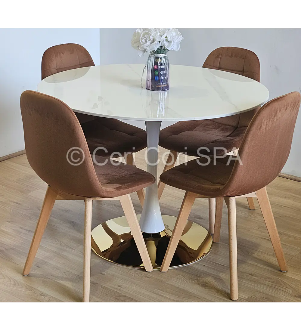Comedor Tulip Gold Mármol 100cm + 4 Sillas Capitonne Velvet