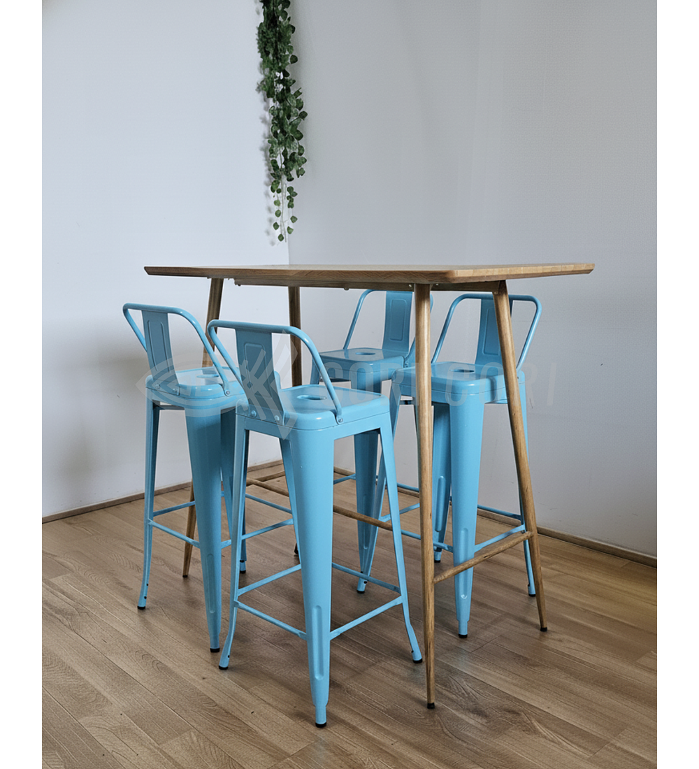 Mesa Alta Bar Wood + 4 Taburetes Tolix