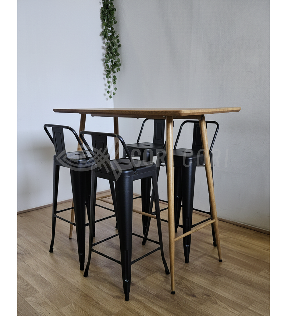 Mesa Alta Bar Wood + 4 Taburetes Tolix