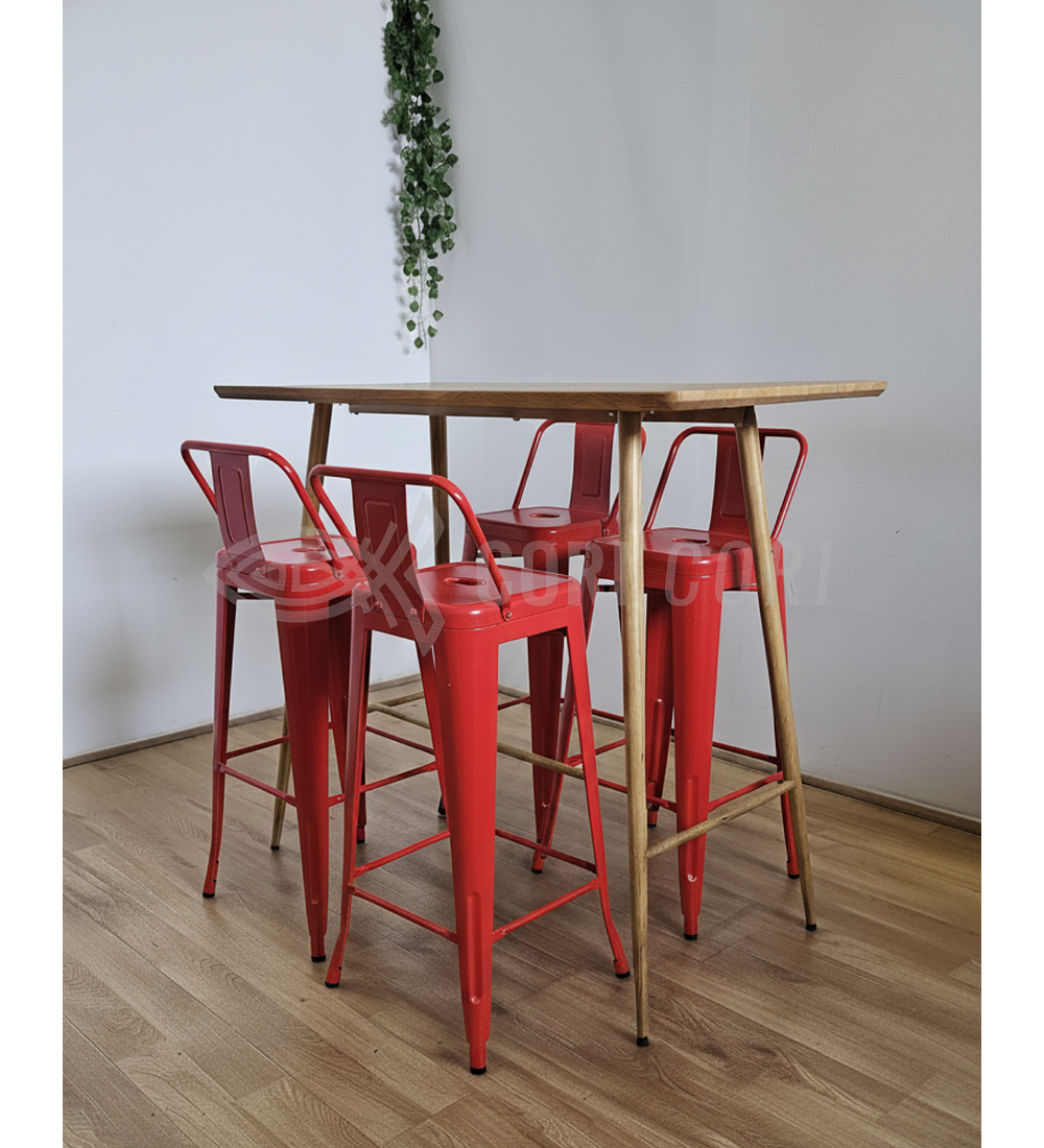 Mesa Alta Bar Wood + 4 Taburetes Tolix