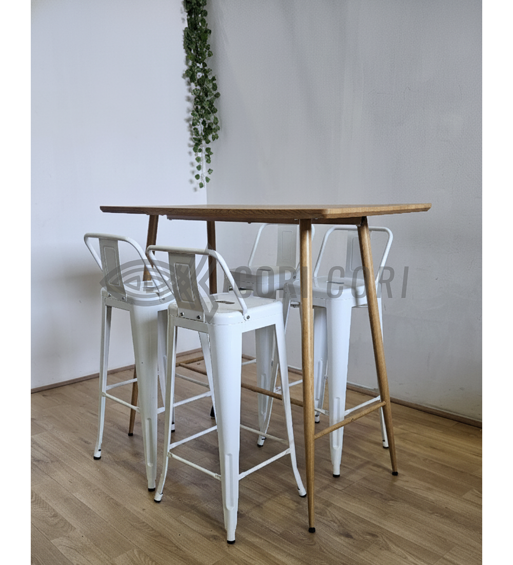 Mesa Alta Bar Wood + 4 Taburetes Tolix