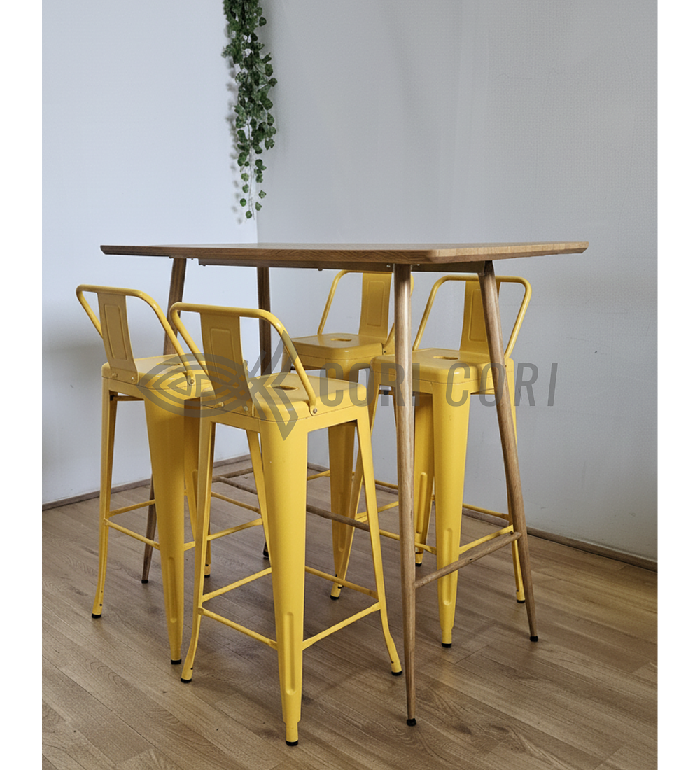 Mesa Alta Bar Wood + 4 Taburetes Tolix