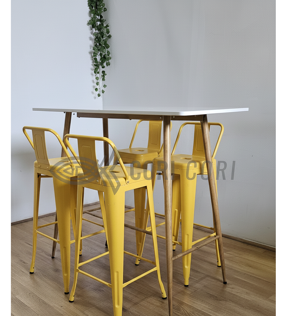 Mesa Alta Bar Blanca + 4 Taburetes Tolix