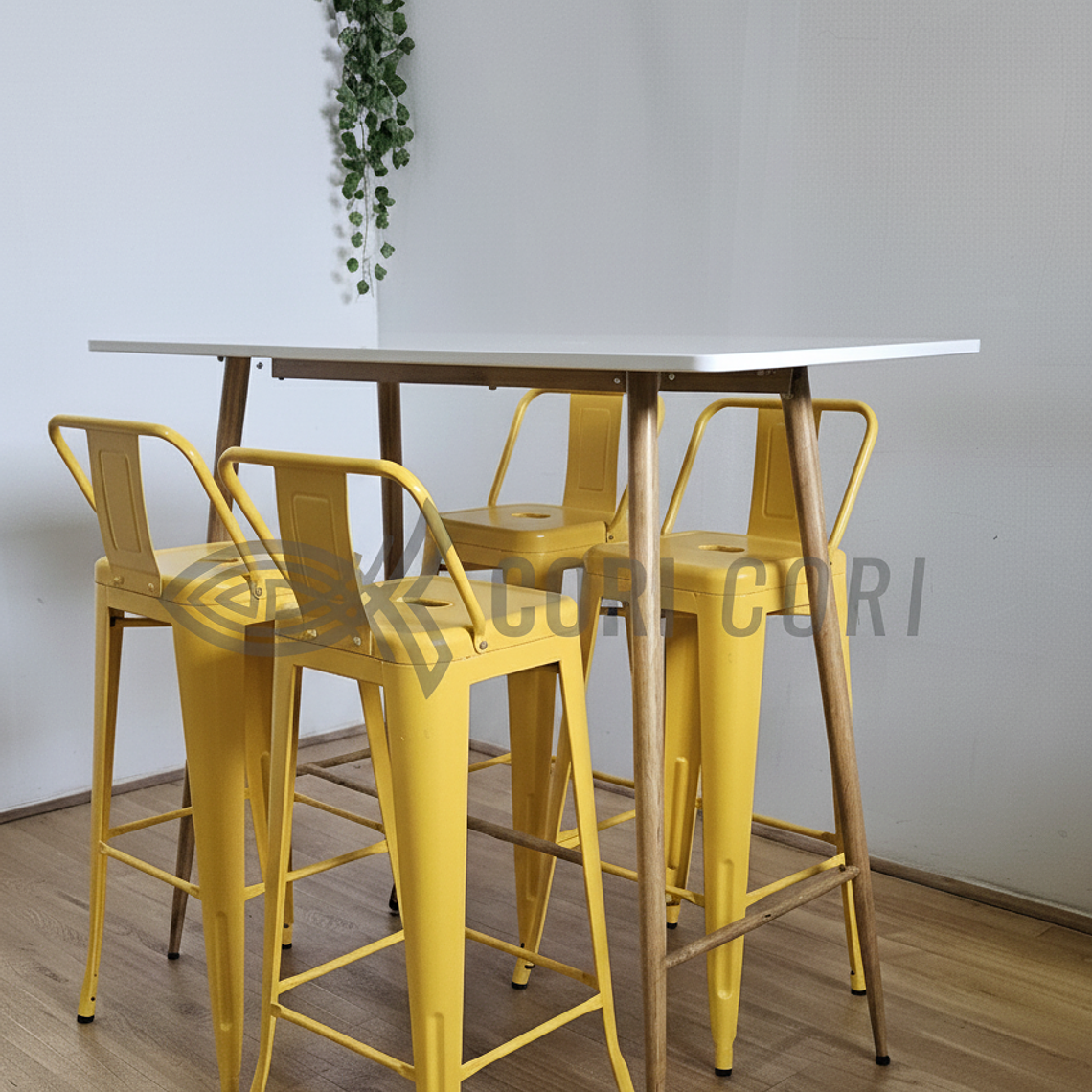 Mesa Alta Bar Blanca + 4 Taburetes Tolix 1