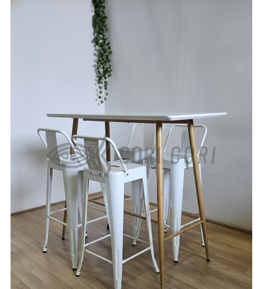 Mesa Alta Bar Blanca + 4 Taburetes Tolix