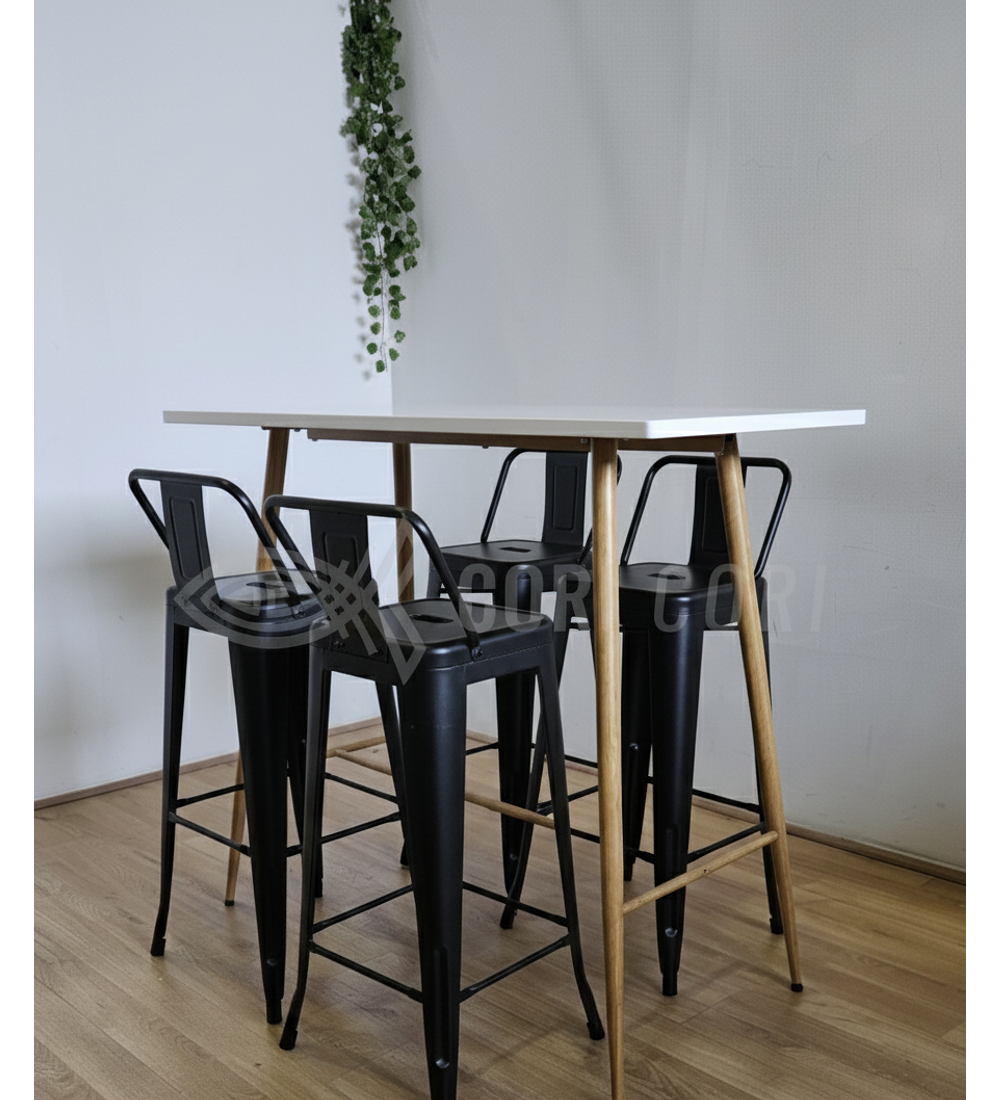 Mesa Alta Bar Blanca + 4 Taburetes Tolix