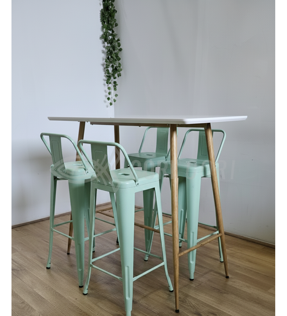 Mesa Alta Bar Blanca + 4 Taburetes Tolix