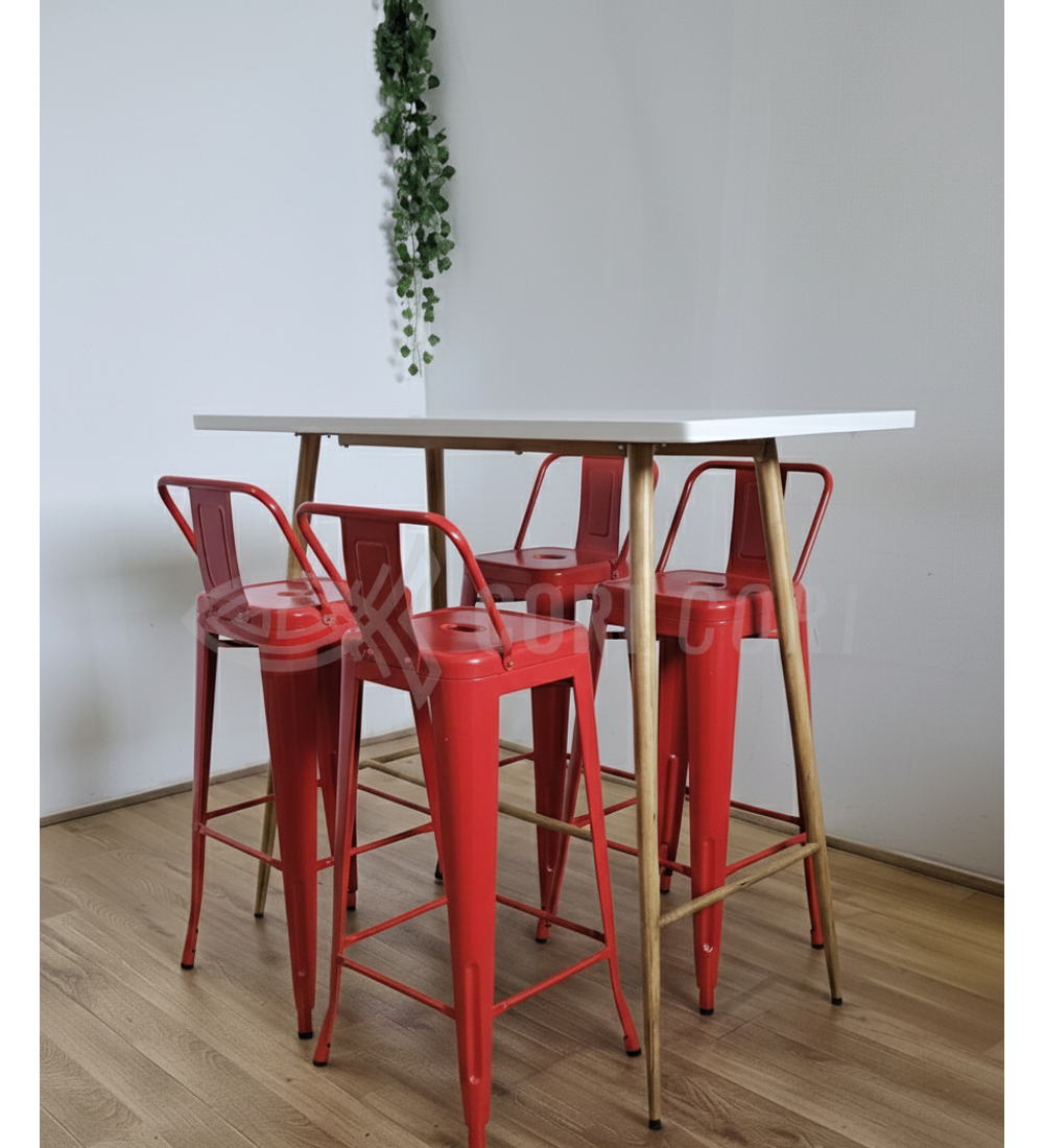 Mesa Alta Bar Blanca + 4 Taburetes Tolix