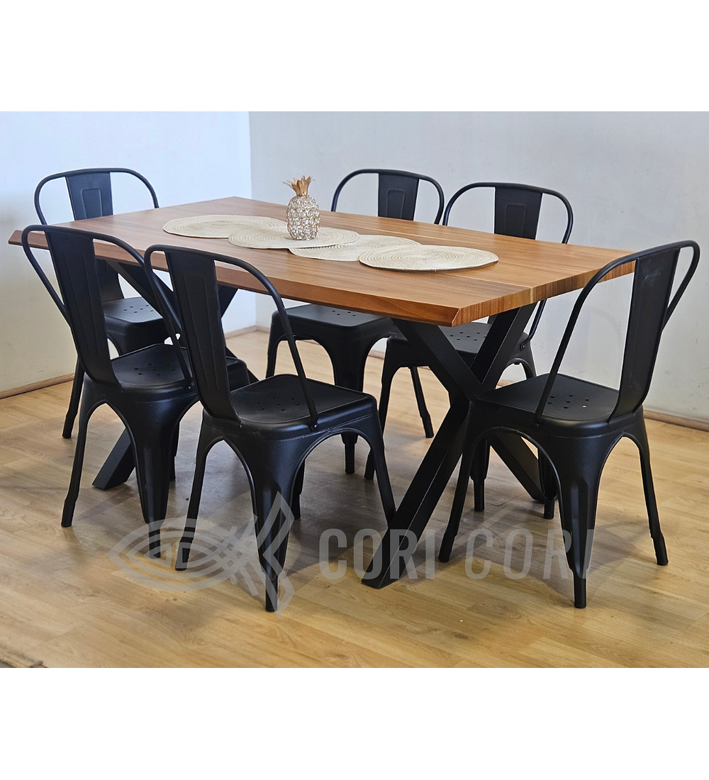 Juego de Comedor Medlock Rústica 160x90 cm + 6 Sillas Tolix Industriales