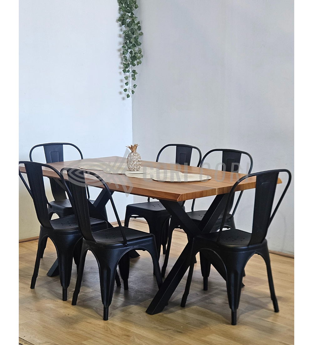 Juego de Comedor Medlock Rústica 160x90 cm + 6 Sillas Tolix Industriales