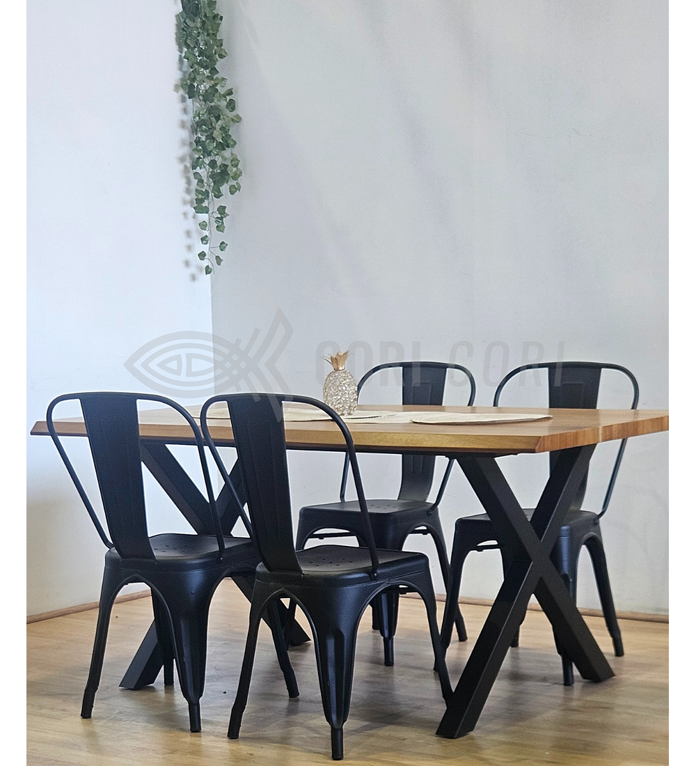 Juego de Comedor Medlock Rústica 160x90 cm + 4 Sillas Tolix Industriales