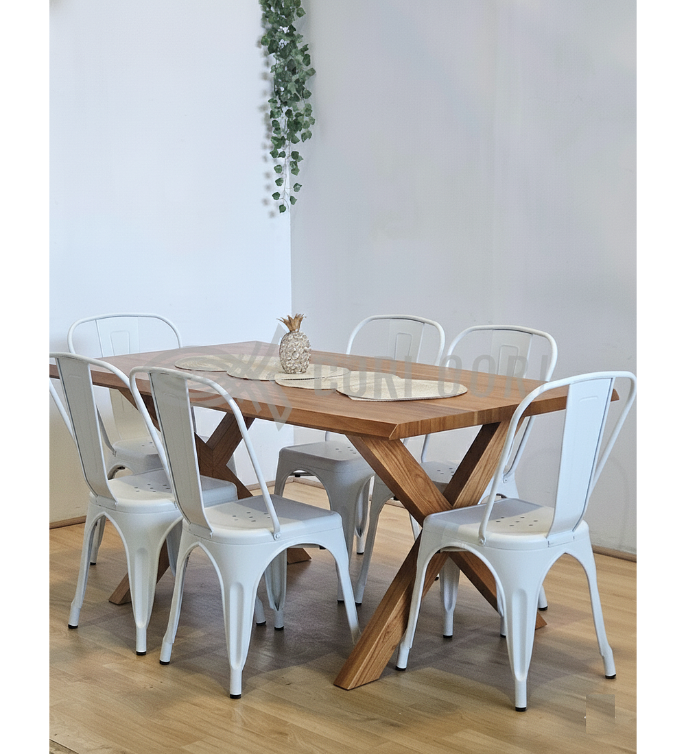 Juego de Comedor Medlock Rústica 160x90 cm + 6 Sillas Tolix Industriales