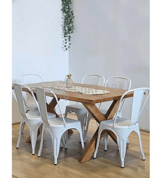 Juego de Comedor Medlock Rústica 160x90 cm + 6 Sillas Tolix Industriales