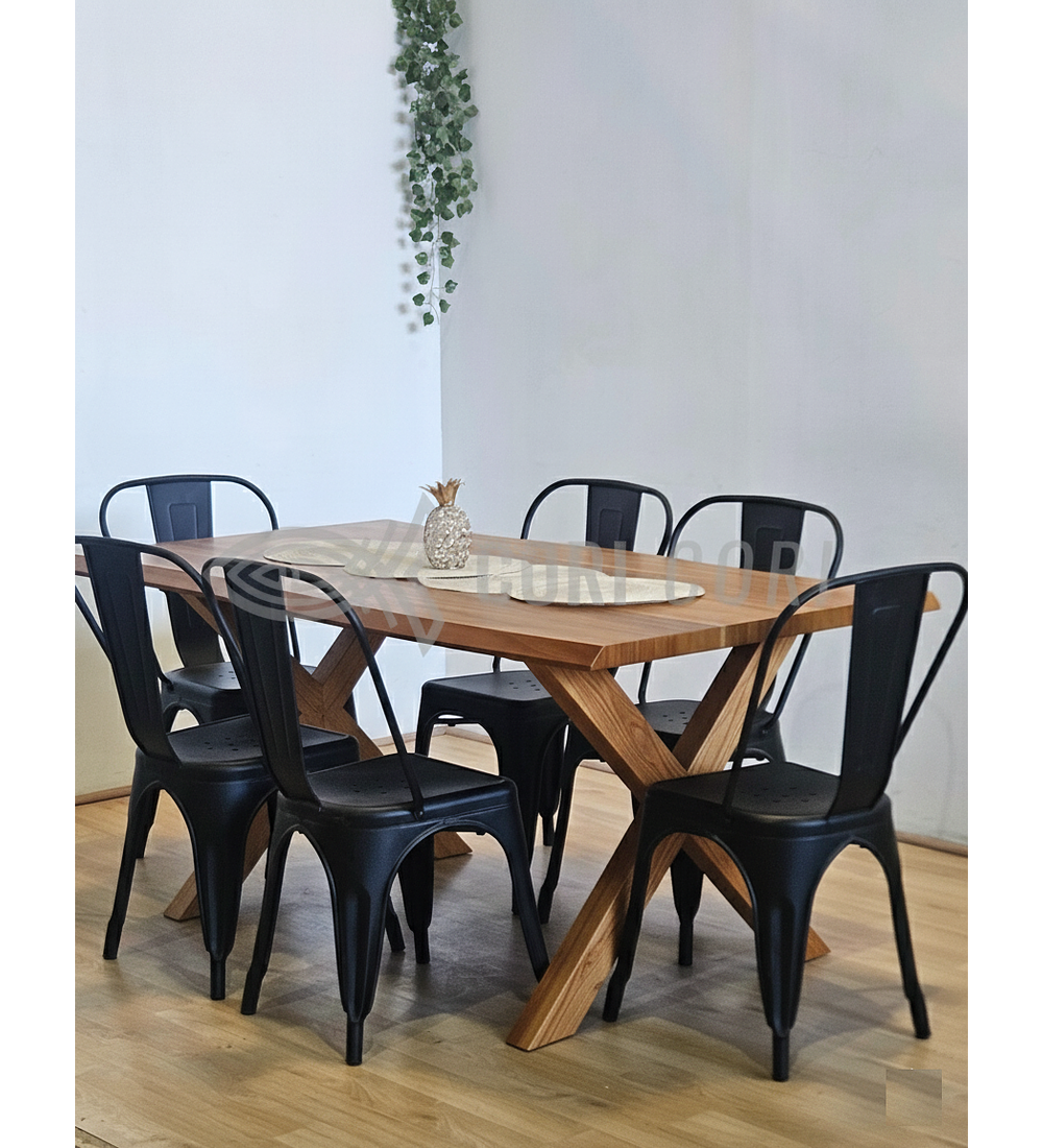 Juego de Comedor Medlock Rústica 160x90 cm + 6 Sillas Tolix Industriales