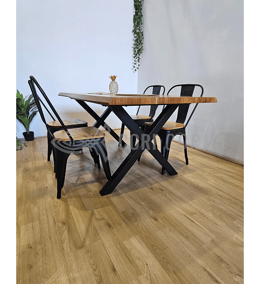 Juego de Comedor Medlock Rústica 160x90 cm + 4 Sillas Tolix Industriales (Madera)