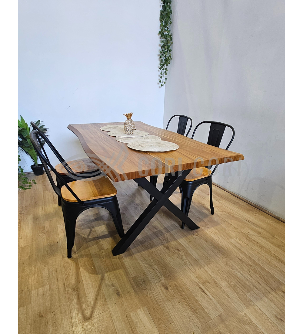 Juego de Comedor Medlock Rústica 160x90 cm + 4 Sillas Tolix Industriales (Madera)