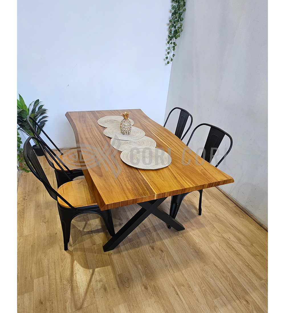 Juego de Comedor Medlock Rústica 160x90 cm + 4 Sillas Tolix Industriales (Madera)