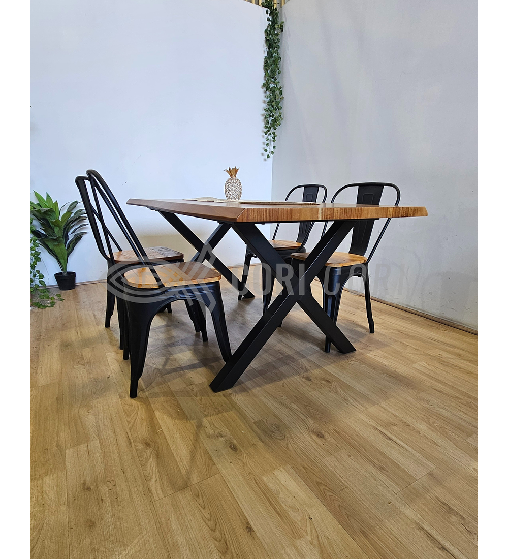 Juego de Comedor Medlock Rústica 160x90 cm + 4 Sillas Tolix Industriales (Madera)