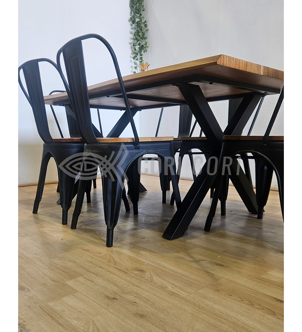 Juego de Comedor Medlock Rústica 160x90 cm + 4 Sillas Tolix Industriales (Madera)