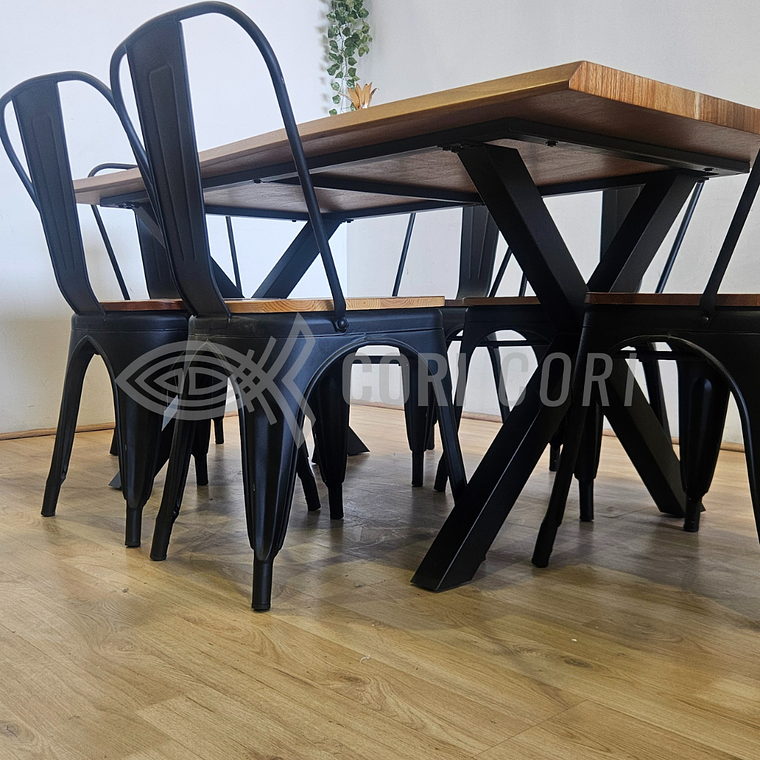Juego de Comedor Medlock Rústica 160x90 cm + 4 Sillas Tolix Industriales (Madera) 5