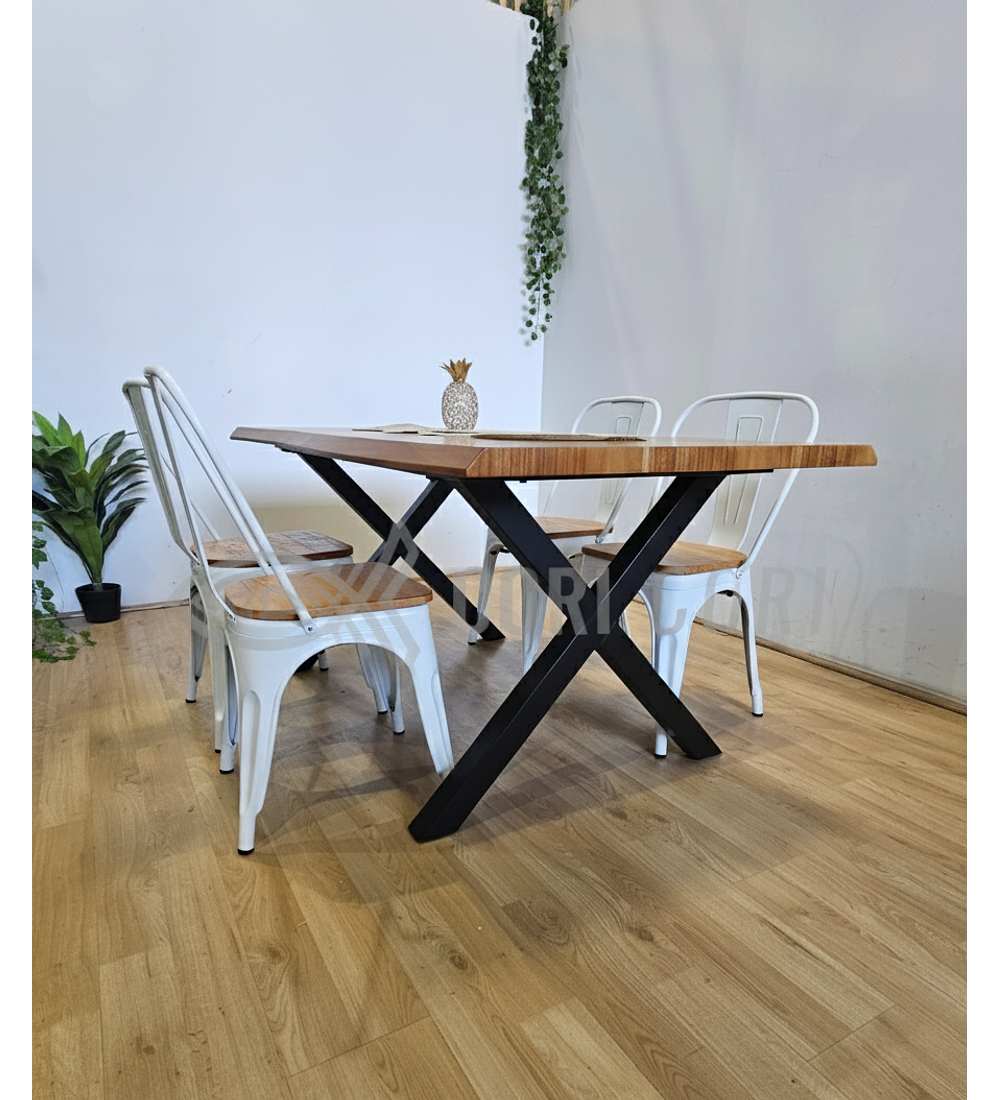 Juego de Comedor Medlock Rústica 160x90 cm + 4 Sillas Tolix Industriales (Madera)