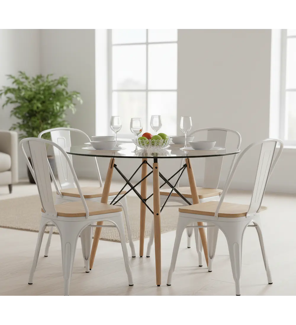 Comedor Eames Vidrio 100cms + 4  Sillas Tolix (Madera)