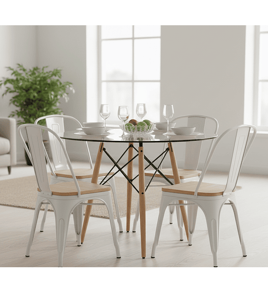 Comedor Eames Vidrio 100cms + 4  Sillas Tolix (Madera)