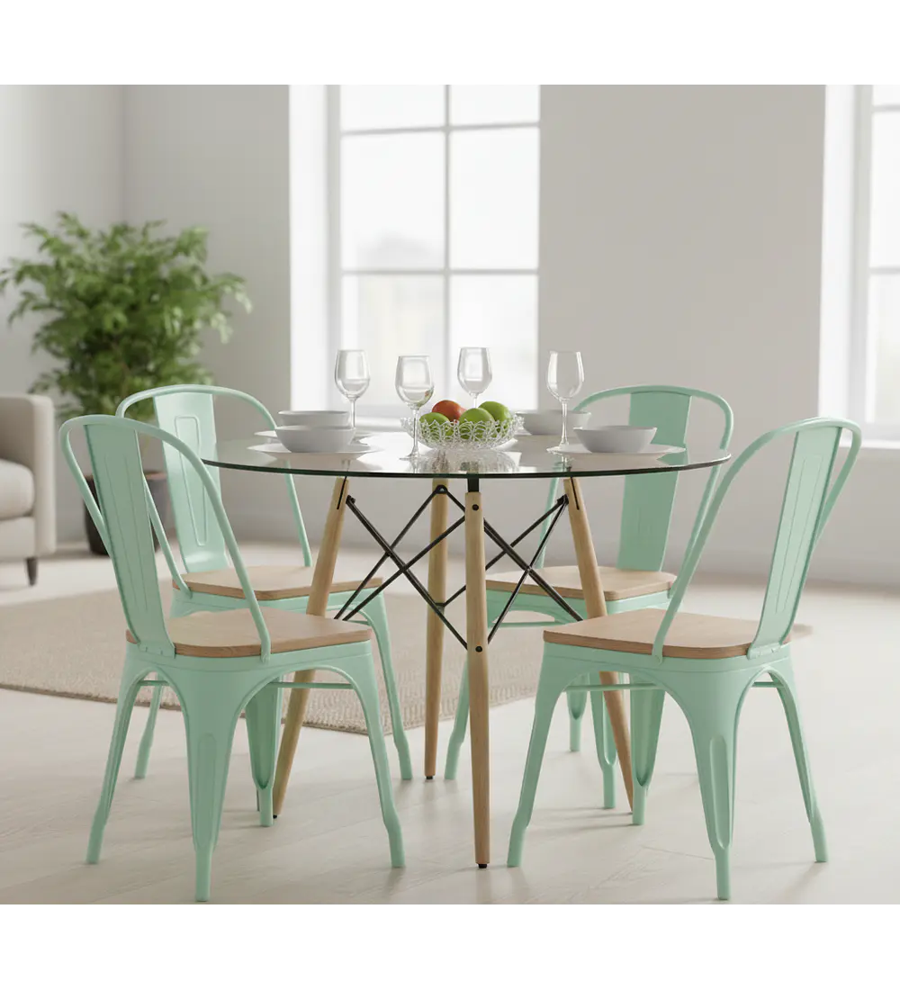 Comedor Eames Vidrio 100cms + 4  Sillas Tolix (Madera)