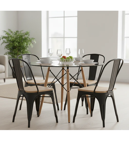 Comedor Eames Vidrio 100cms + 4  Sillas Tolix (Madera)