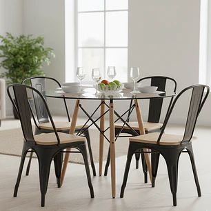 Comedor Eames Vidrio 100cms + 4  Sillas Tolix (Madera)