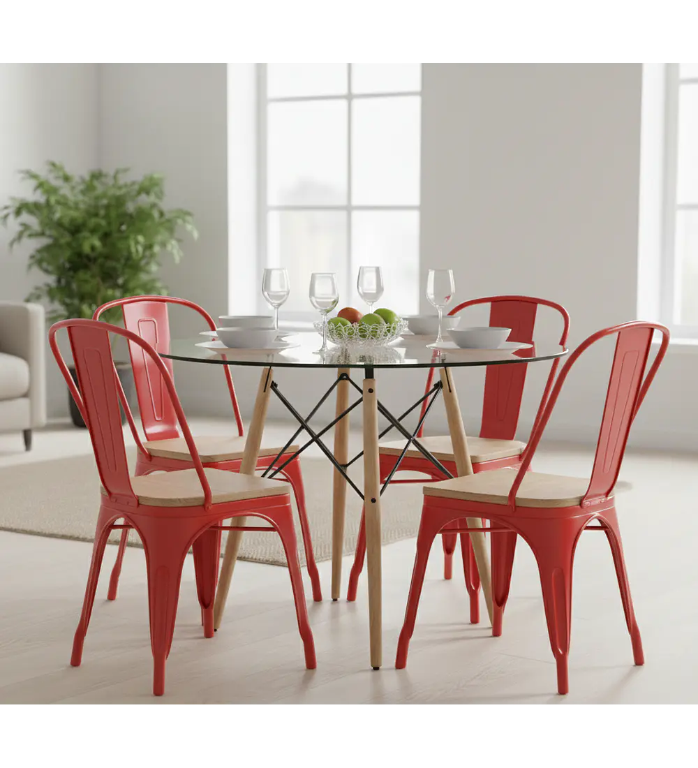 Comedor Eames Vidrio 100cms + 4  Sillas Tolix (Madera)