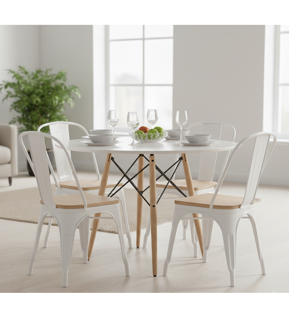 Comedor Eames Blanca 100cms + 4 Sillas Tolix (Madera)