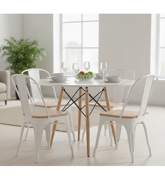 Comedor Eames Blanca 100cms + 4 Sillas Tolix (Madera)