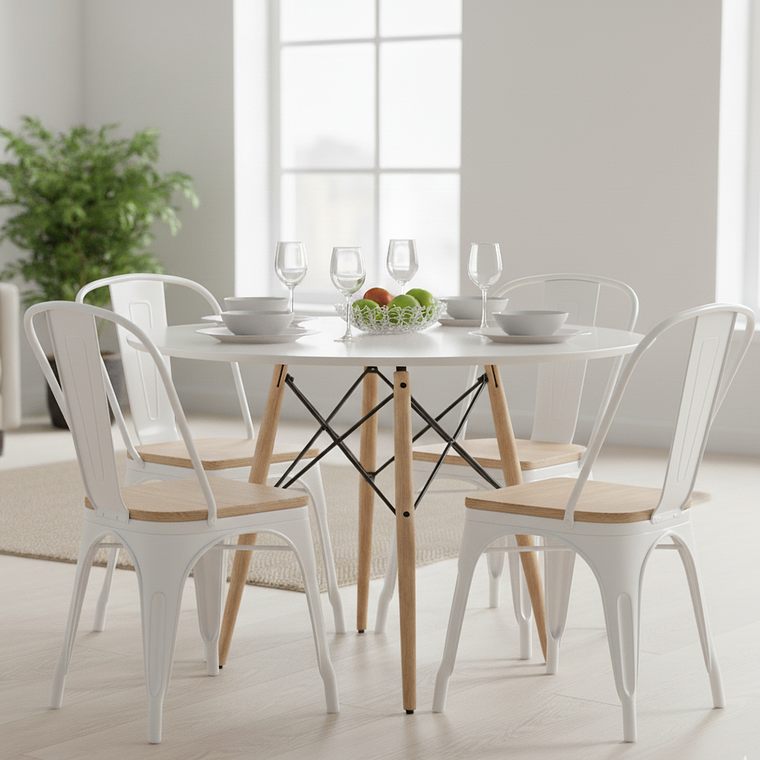 Comedor Eames Blanca 100cms + 4 Sillas Tolix (Madera) 1