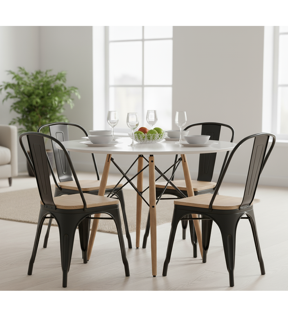Comedor Eames Blanca 100cms + 4 Sillas Tolix (Madera)