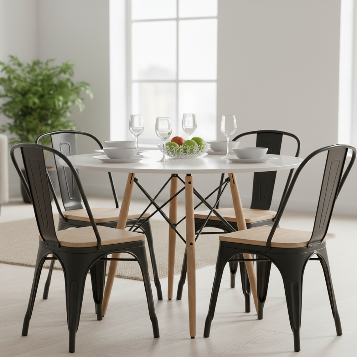 Comedor Eames Blanca 100cms + 4 Sillas Tolix (Madera) 2