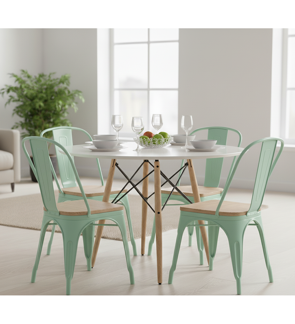 Comedor Eames Blanca 100cms + 4 Sillas Tolix (Madera)