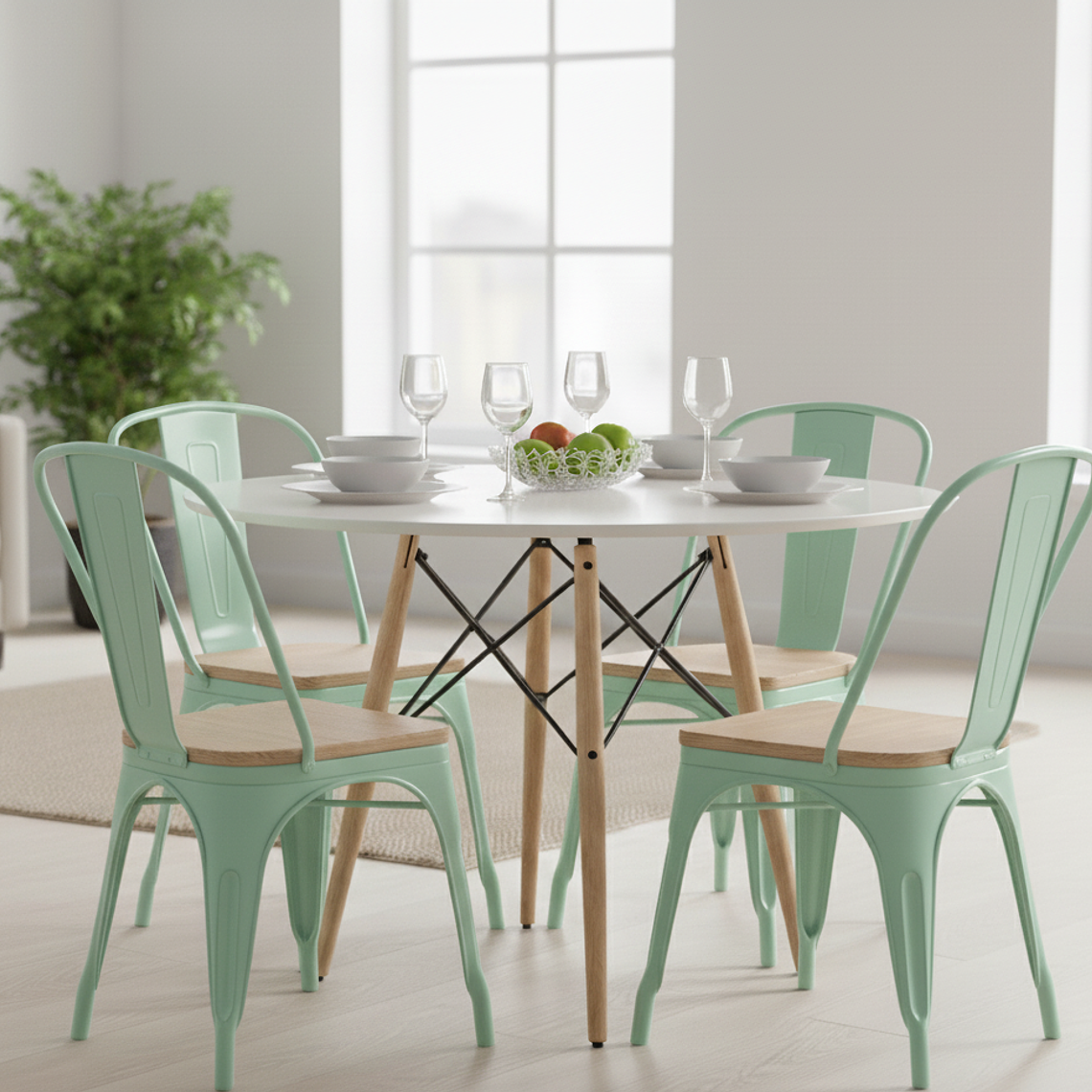 Comedor Eames Blanca 100cms + 4 Sillas Tolix (Madera) 3