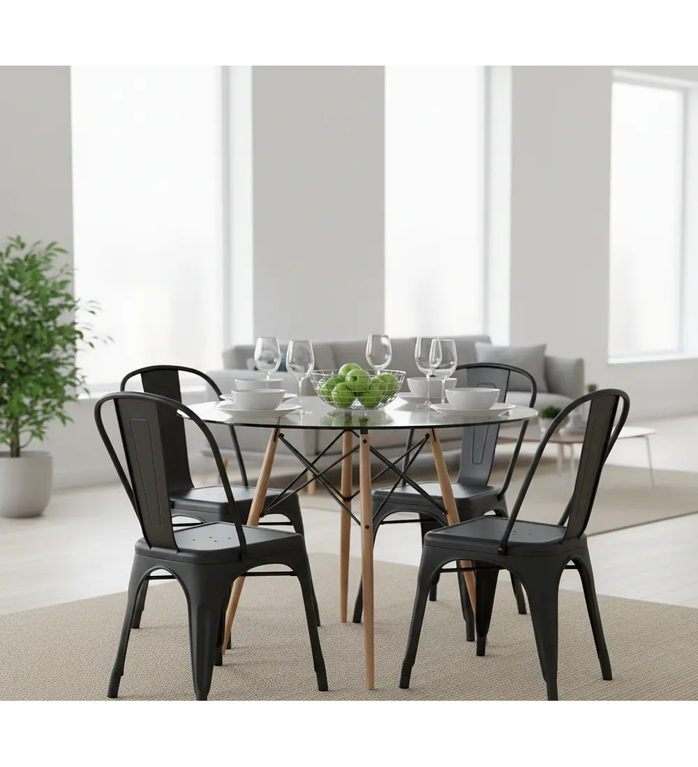 Comedor Eames Vidrio 100cms + 4 Sillas Tolix 