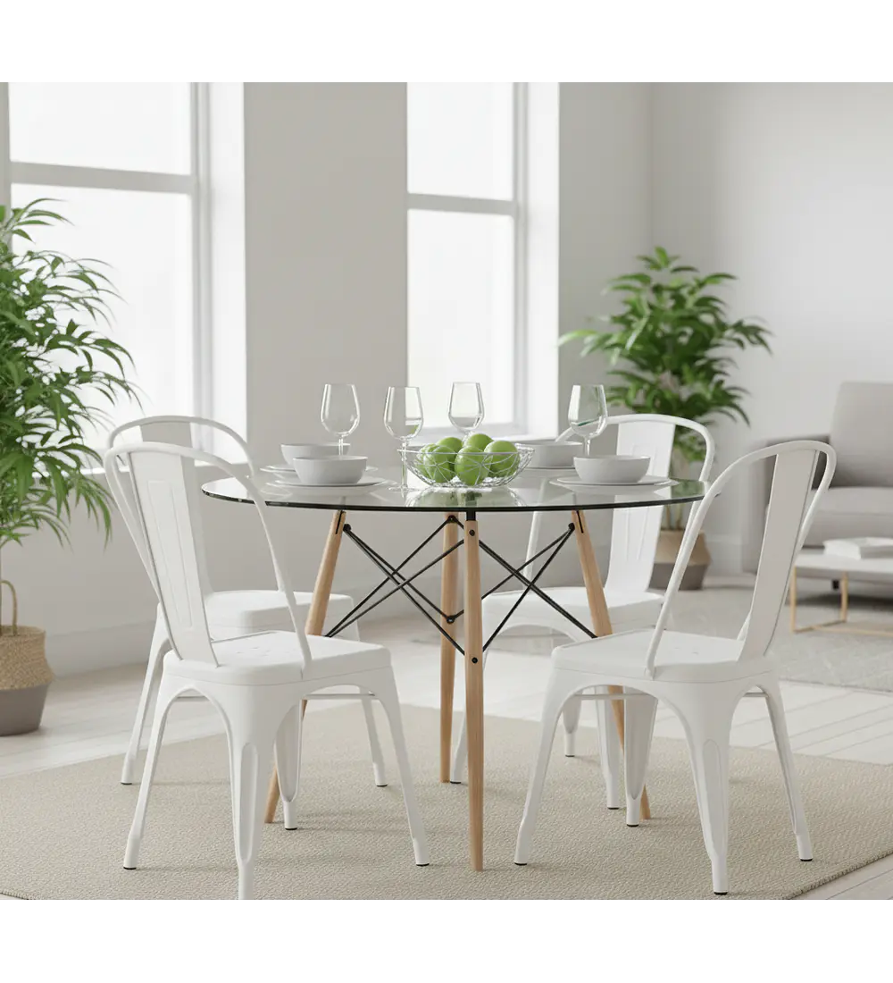 Comedor Eames Vidrio 100cms + 4 Sillas Tolix 