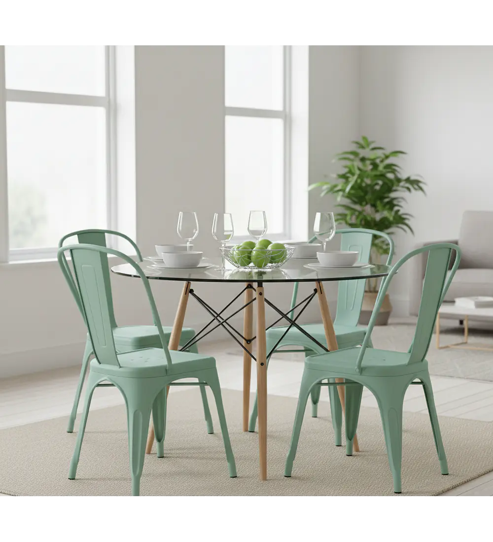Comedor Eames Vidrio 100cms + 4 Sillas Tolix 
