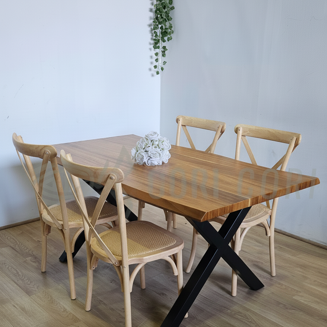 Juego de Comedor Medlock Rústica 160x90 cm + 4 Sillas Crossback Madera 15